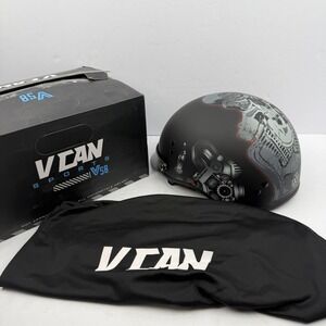 VCAN V58 Half Motorcycle Helmet Medium Flat Black Red Skull Graphic DOT W/ Bag